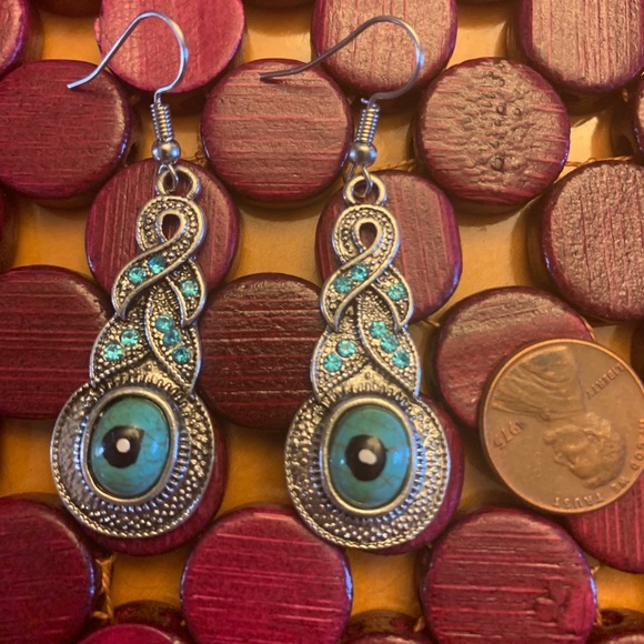 Hand painted turquoise and silver drop earrings - Picture 1 of 5